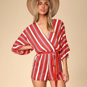 Lulu's Spruce Red Multi Striped Kimono Sleeve Romper Size Small
